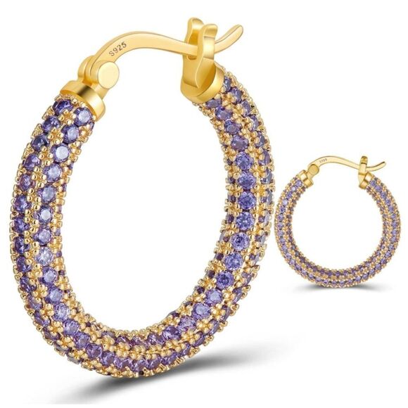 14K Yellow Gold Sterling Silver and Purple Amethyst Cubic Zirconia Hoop Earrings - Picture 1 of 6